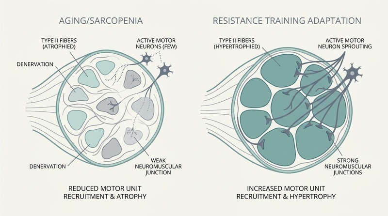Comparison of muscle fiber remodeling and motor unit recruitment in aging. Left: Sarcopenia without training showing atrophied muscle and reduced motor units. Right: Resistance training adaptation showing hypertrophied muscle and reinnervated motor units. Sarcopenia vs. Remodeling