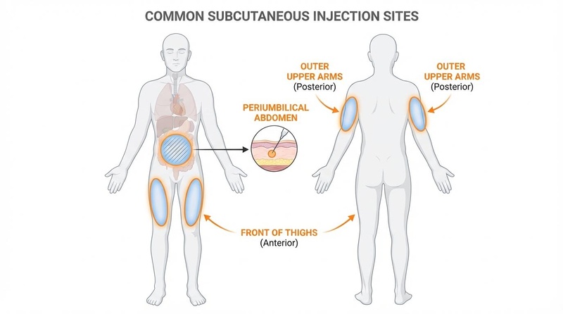 Primary anatomical sites for subcutaneous peptide administration. Subcutaneous Injection Sites