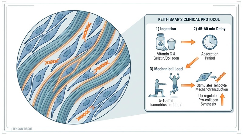 Medical infographic outlining the three-step Keith Baar protocol combining gelatin/collagen and Vitamin C ingestion, a 45-60 minute delay, and 5-10 minutes of mechanical loading to stimulate tenocyte protein synthesis. Figure 1: Tendon adaptation and collagen synthesis. Mechanical tension (heavy slow loading) stimulates tenocytes, while vitamin C and glycine/proline-rich collagen peptides provide the essential biochemical building blocks to organize and cross-link type I collagen fibrils.