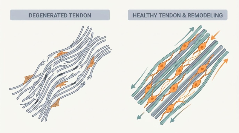 Biomedical infographic comparing tendon degeneration pathophysiology (collagen disorganization, hypocellularity, microtearing) on the left with the eccentric slow resistance training mechanotransduction pathway (mechanical tension on tenocytes, upregulated collagen synthesis, increased tendon stiffness) on the right.