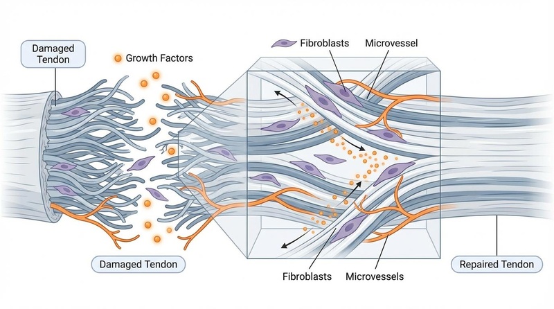 Biomedical illustration of tendon healing, highlighting organized collagen and angiogenesis. Tendon Repair Mechanism
