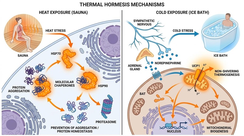 Biomedical illustration of the dual cellular mechanisms of thermal hormesis