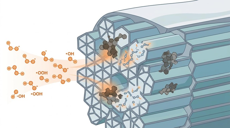 Biochemical mechanism of peroxide-based dental bleaching: Hydroxyl and perhydroxyl free radicals diffuse through the porous hydroxyapatite crystalline lattice of the enamel, chemically attacking and oxidizing dark conjugated organic chromophores.
