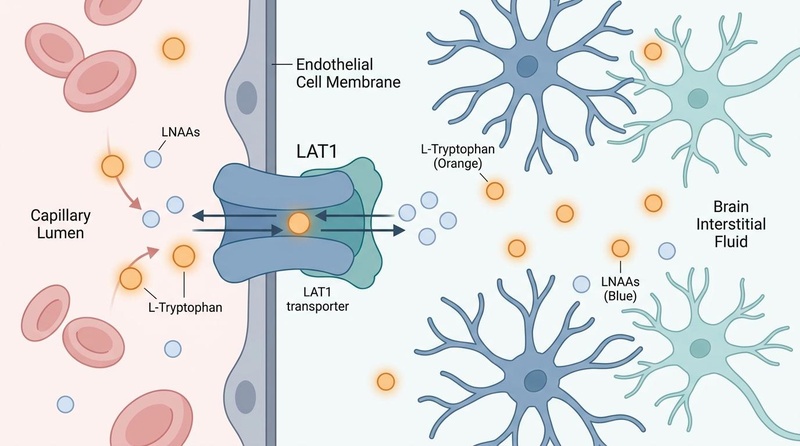 L-Tryptophan competing with other Large Neutral Amino Acids (LNAAs) for transport across the Blood-Brain Barrier (BBB) via the LAT1 transporter.