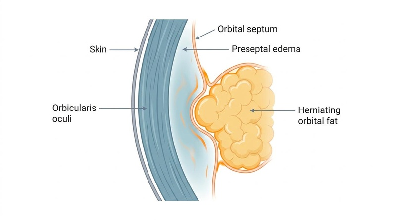 Lower eyelid anatomy in sagittal cross-section, demonstrating the exact relationship between the orbital septum, the postseptal orbital fat herniating anteriorly (forward), and preseptal interstitial edema (subtle swelling) located superficial to the septum. A scientifically accurate, professional medical illustration in sagittal cross-section of the human lower eyelid, displaying the skin, orbicularis oculi muscle layer, subtle preseptal interstitial edema, thin orbital septum, and postseptal orbital fat pad herniating anteriorly (forward/left) against the weakened septum.