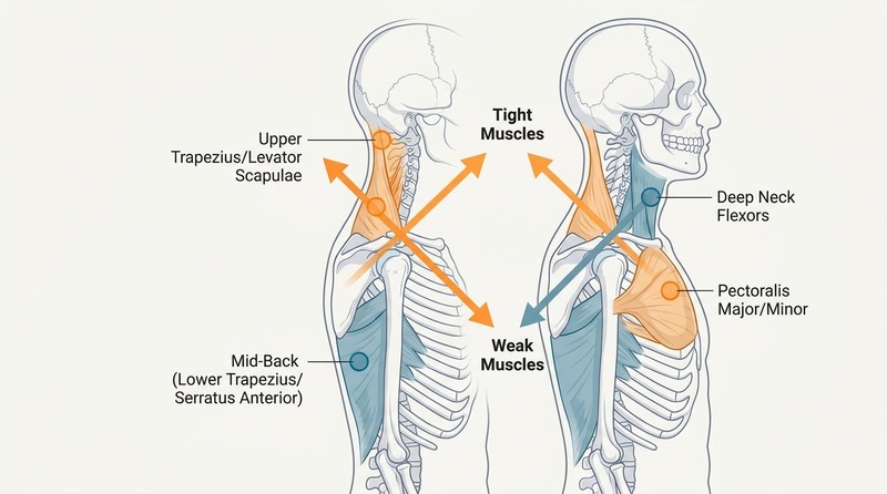 Biomedical diagram of Upper Crossed Syndrome, illustrating the intersecting diagonals of tight muscles and weak muscles, emphasizing forward head posture and rounded shoulders.