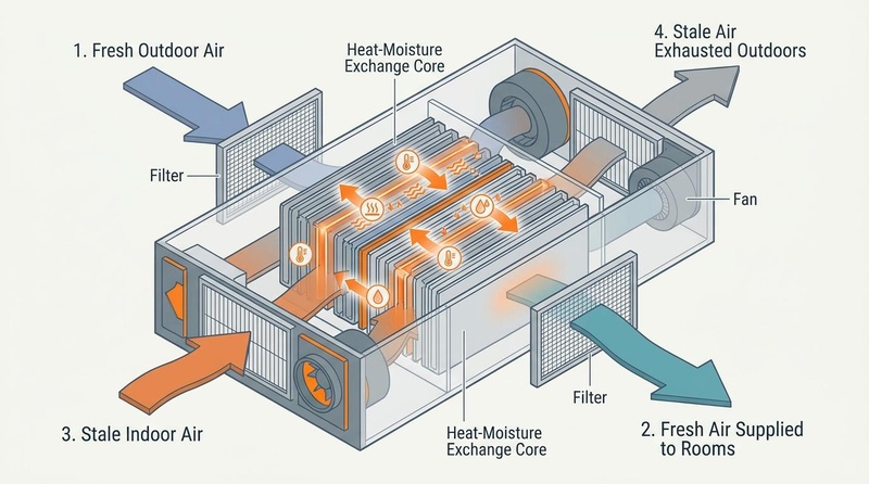 Figure 1: Cutaway of an ERV showing heat and moisture exchange between outdoor fresh air intake and indoor stale air exhaust. Energy Recovery Ventilator Mechanism