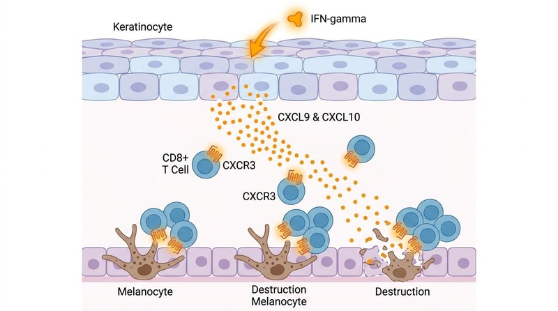 A biomedical illustration showing the skin layer penetration and cellular mechanism of vitiligo, depicting melanocyte destruction and the IFN-gamma pathway.