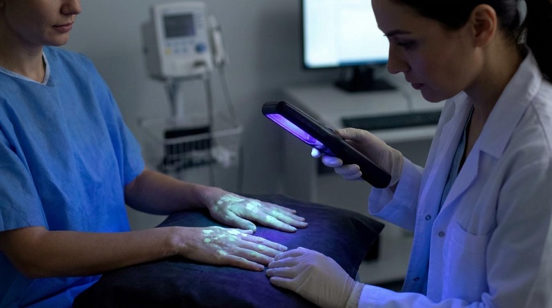 A Wood's lamp examination of vitiligo lesions showing bright blue-white fluorescence highlighting the depigmented macules.