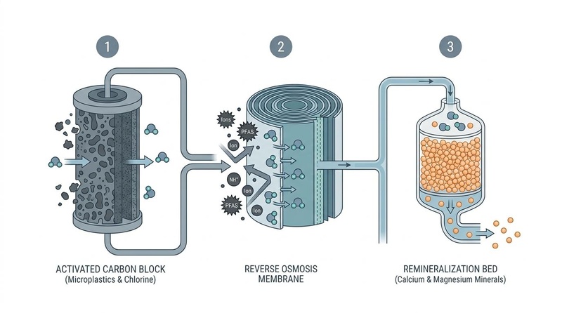Diagram of water filtration mechanisms: Activated Carbon Block, Reverse Osmosis Membrane, and Remineralization Bed.