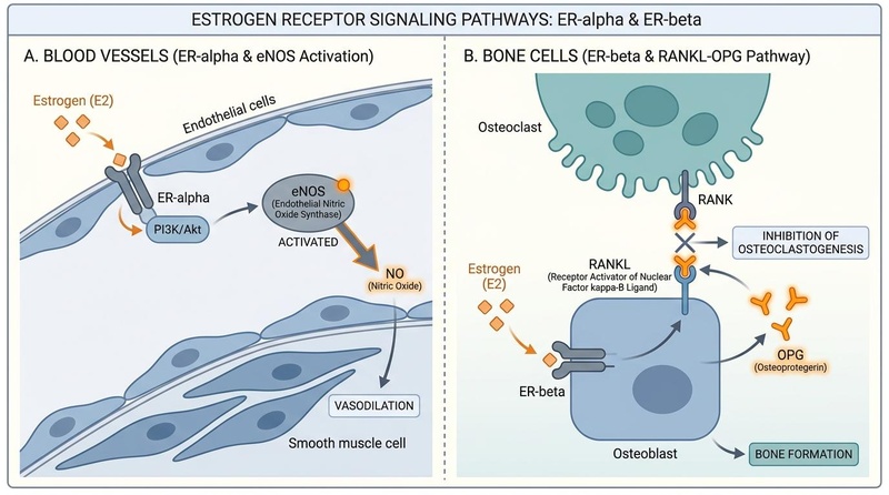 Figure 2: Cellular mechanisms of Estrogen Receptor (ER-alpha and ER-beta) signaling in vascular endothelium and bone remodeling. Women's Hormonal Pathways