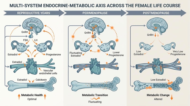 Figure 1: Multimodal endocrine-metabolic axis and key systemic targets across the female life course. Women's Longevity Infobox