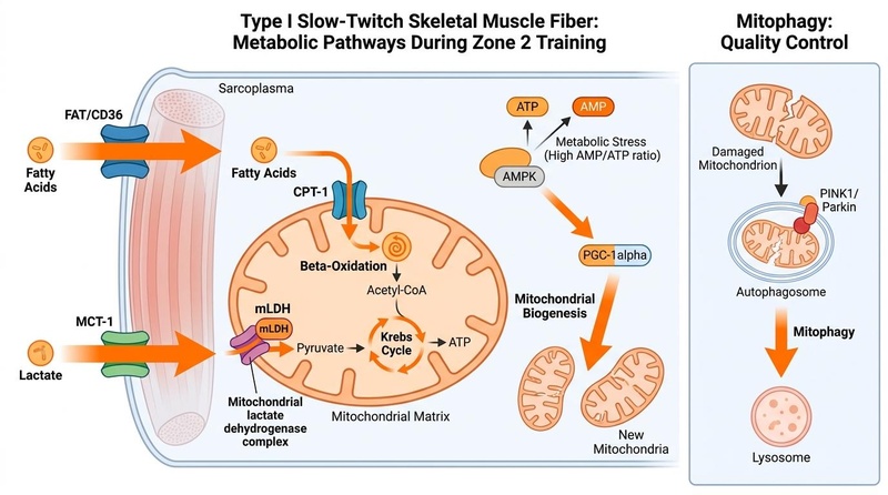 A detailed biomedical illustration of the cellular and metabolic adaptations in Type I slow-twitch muscle fibers during Zone 2 aerobic training.